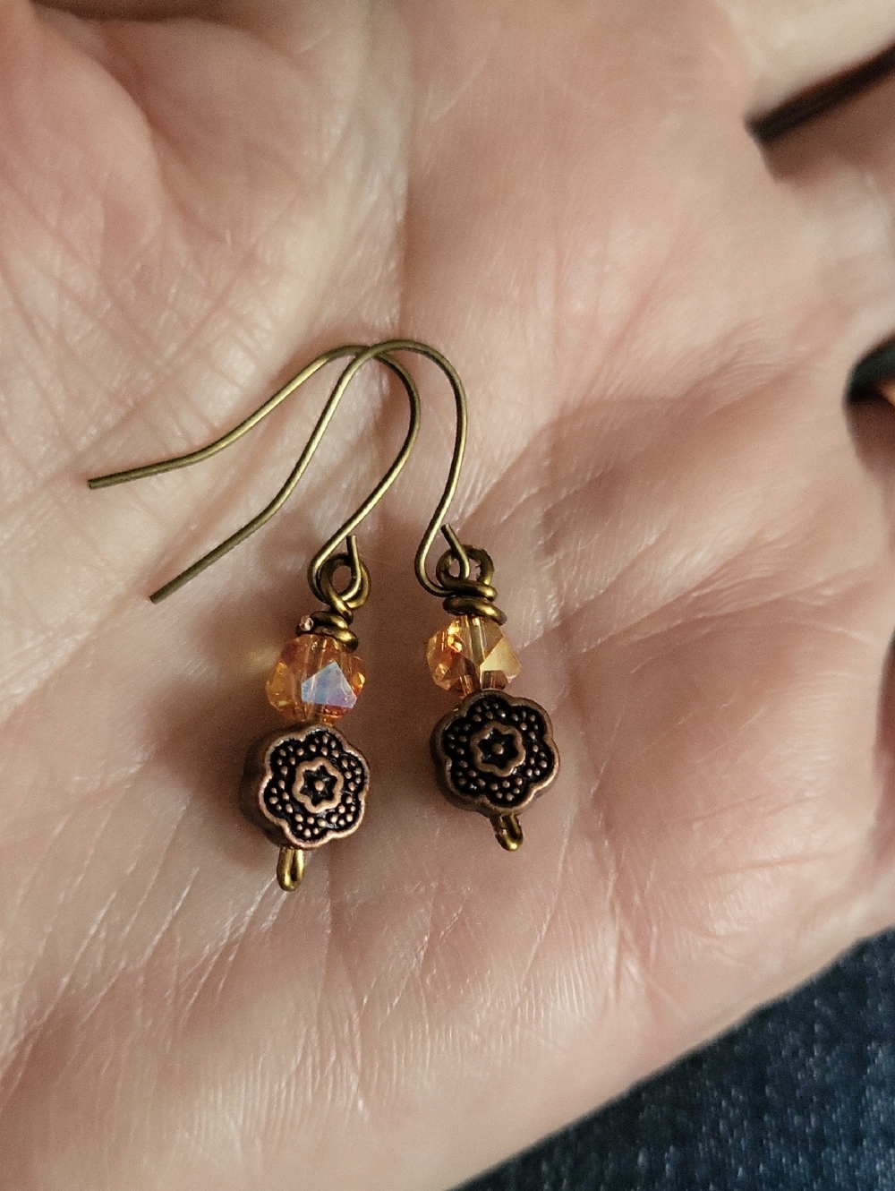 Handmade Delicate Copper Floral Drop Earrings with Amber Crystal Bead